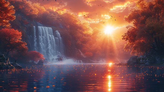 uma cachoeira escondida na floresta e o sol se põe à noite