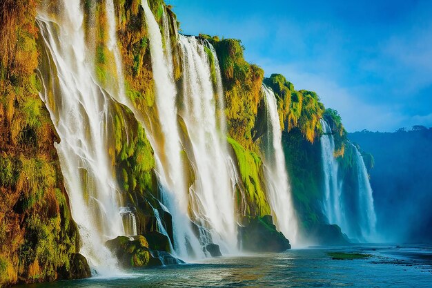 Uma cachoeira está no fundo com um céu azul e um penhasco de musgo verde