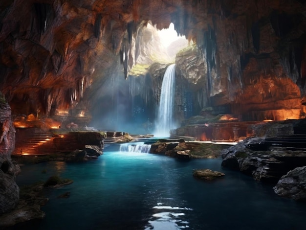 uma cachoeira está no meio de uma caverna com uma cachoeeira ao fundo