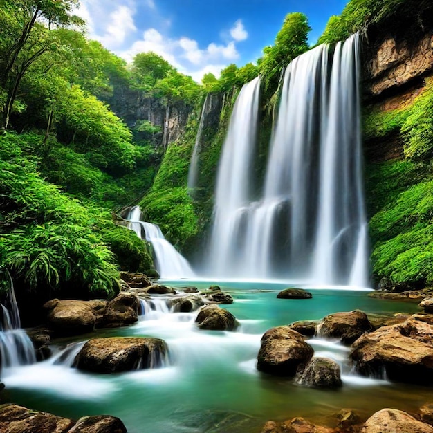 Foto uma cachoeira está no meio de uma floresta com um céu azul