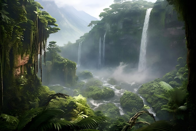 Uma cachoeira imponente no coração de uma exuberante floresta tropical