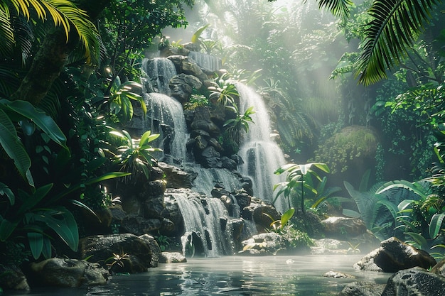 Uma cachoeira isolada escondida na selva.