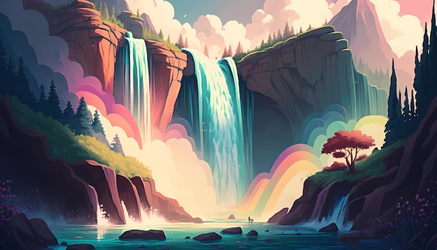 Uma cachoeira majestosa com água em cascata e ilustração de arte digital de arco-íris enevoado