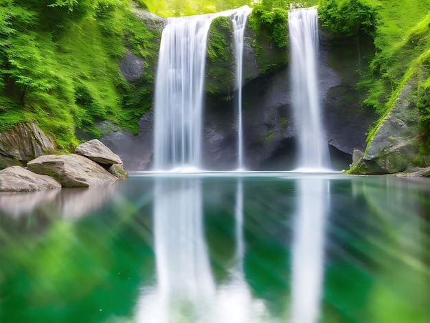 uma cachoeira majestosa com um arco-íris duplo em suas cascatas generative ai