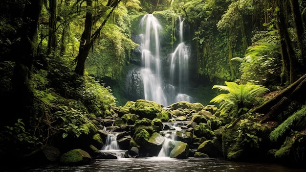 Uma cachoeira na floresta com árvores verdes e samambaias