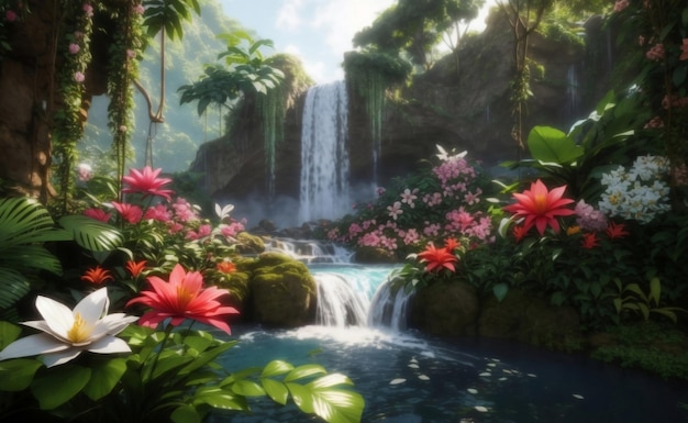 Uma cachoeira na floresta com flores florescentes Ilustração de IA generativa