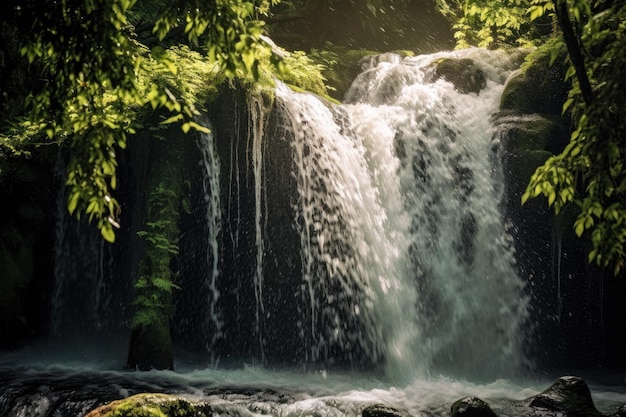 Uma cachoeira na floresta com folhas verdes e uma árvore ao fundo