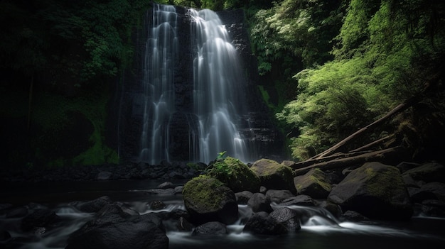 Uma cachoeira na floresta com musgo verde e rochas