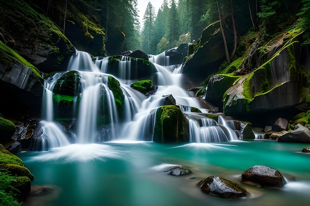 Foto uma cachoeira na floresta com musgo verde e rochas