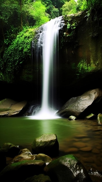 Uma cachoeira na floresta com musgo verde e rochas