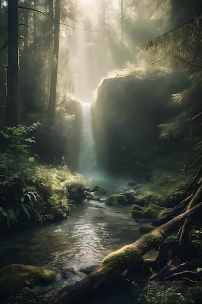 Uma cachoeira na floresta com o sol brilhando sobre ela