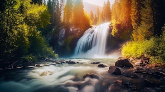 Uma cachoeira na floresta com um brilho dourado.