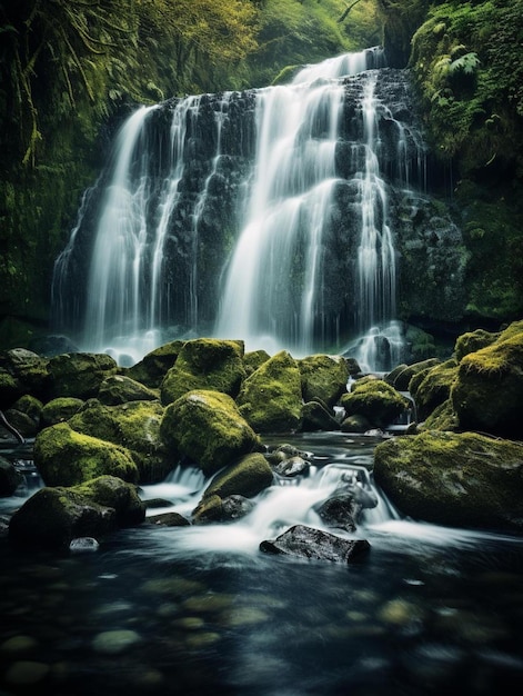 uma cachoeira na floresta com um fundo de musgo verde