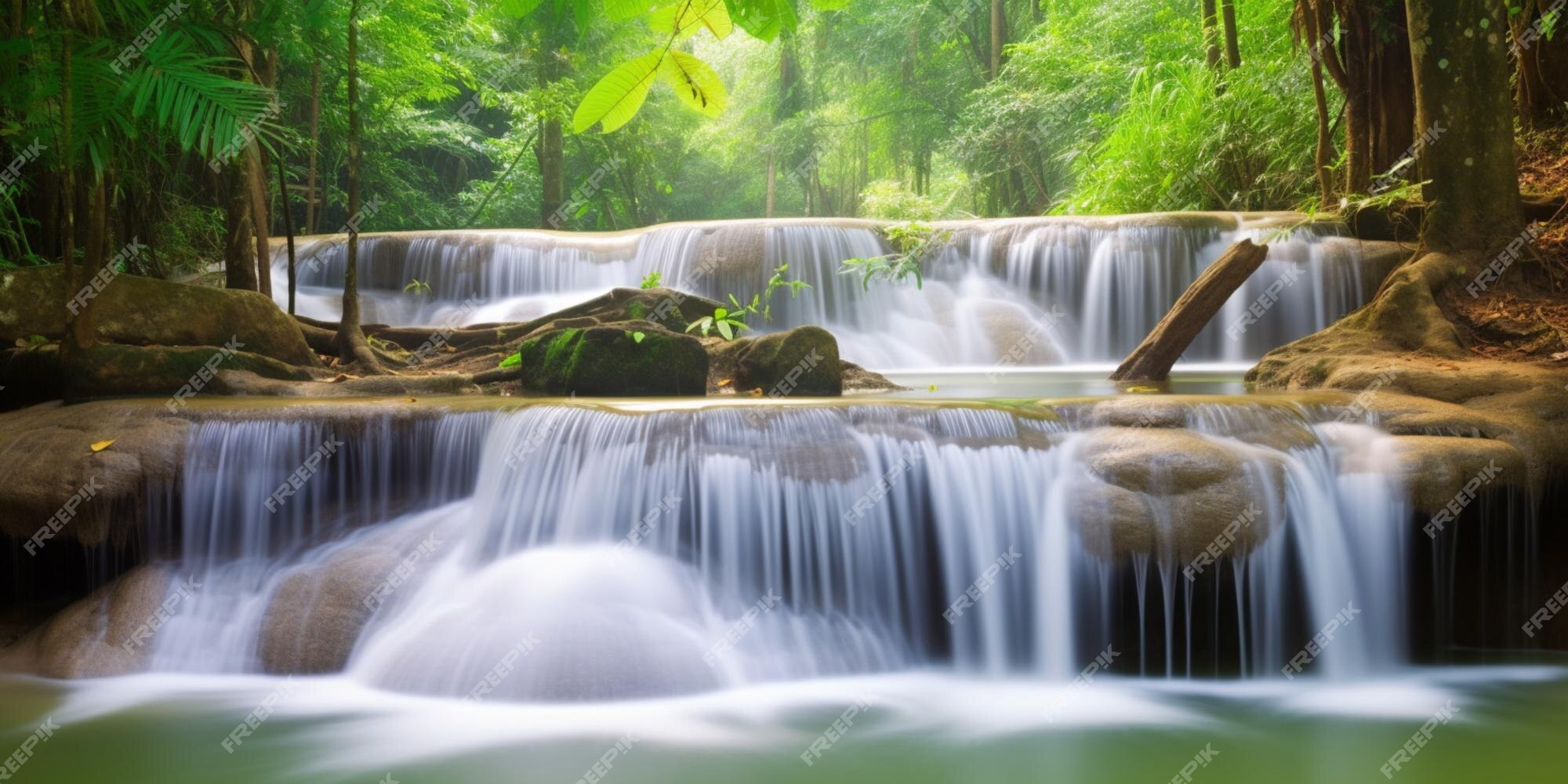 Uma cachoeira na floresta com um fundo verde