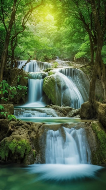 Uma cachoeira na floresta com um fundo verde