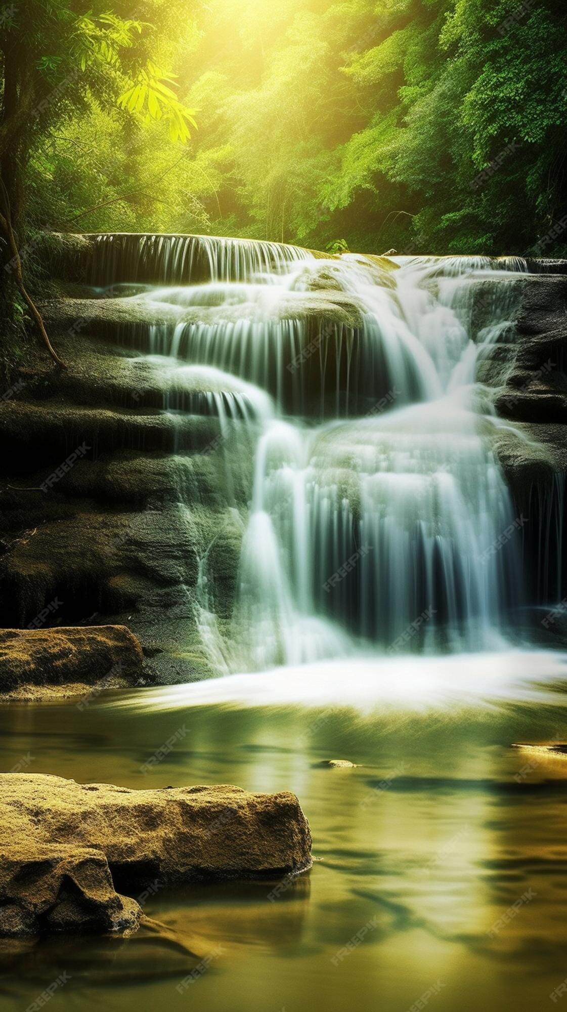 Uma cachoeira na floresta com um fundo verde