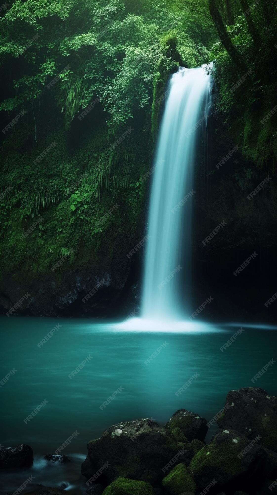 Uma cachoeira na floresta com um fundo verde