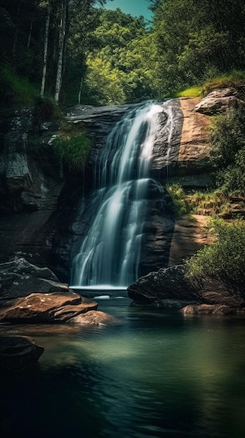 Uma cachoeira na floresta com um fundo verde