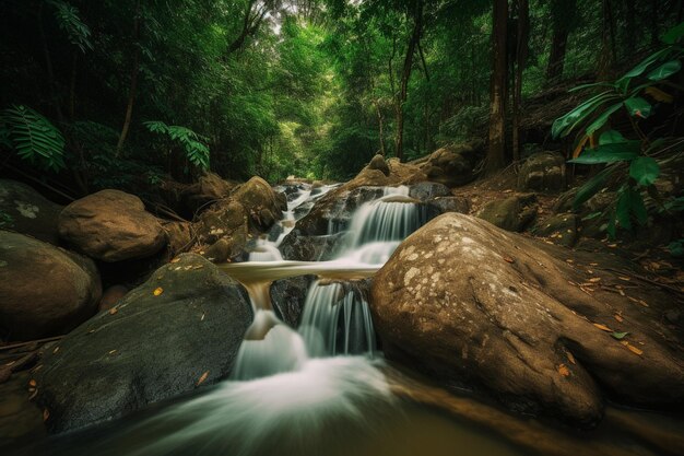 Uma cachoeira na floresta com um fundo verde