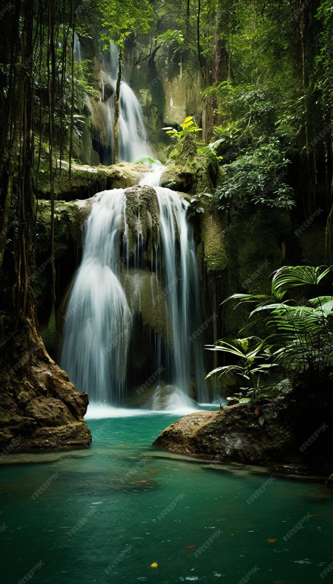 Uma cachoeira na floresta com um fundo verde