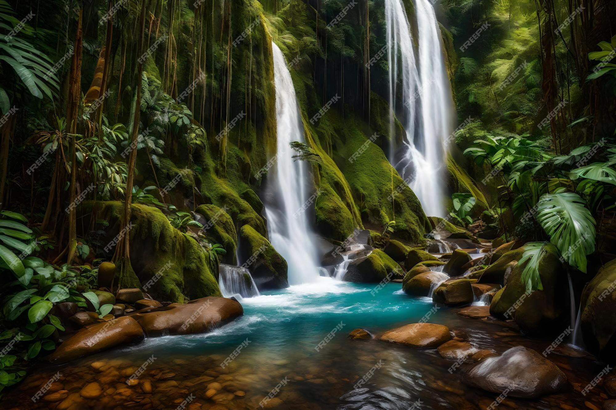 Uma cachoeira na floresta com um fundo verde