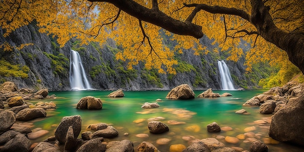 Uma cachoeira na floresta com uma árvore em primeiro plano e uma folhagem de outono colorida ao fundo.