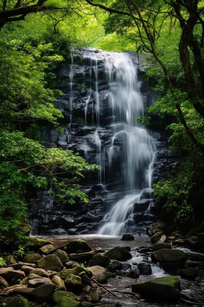 Foto uma cachoeira na floresta é cercada por árvores e rochas