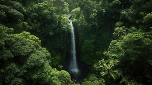 Uma cachoeira na selva com árvores verdes e uma selva ao fundo