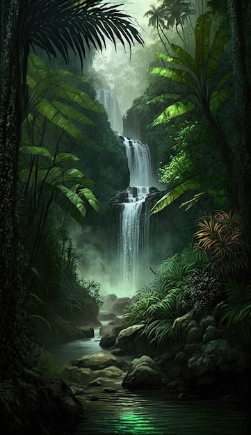 Foto uma cachoeira na selva com um fundo verde.