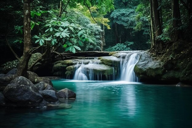 uma cachoeira na selva é cercada por plantas verdes exuberantes