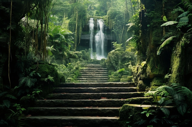 uma cachoeira na selva é cercada por vegetação exuberante