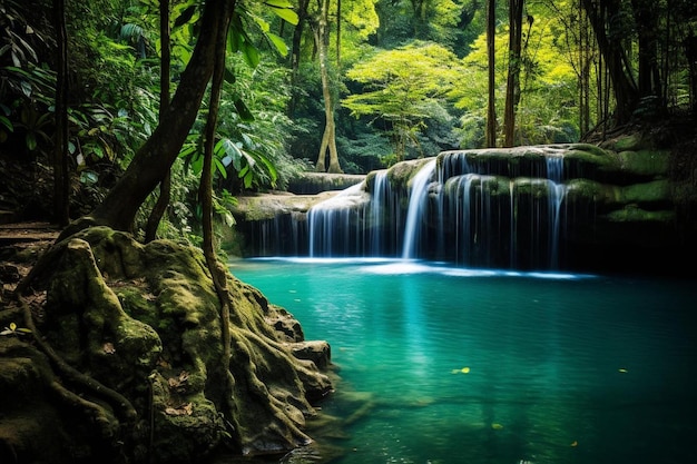 uma cachoeira na selva é cercada por vegetação verde exuberante