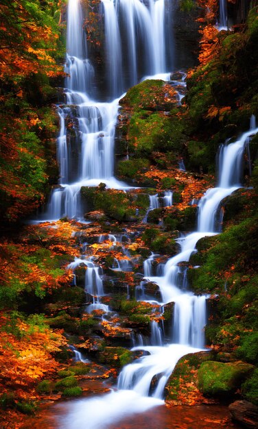 Uma cachoeira no outono com uma rocha verde musgosa.