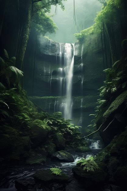 Uma cachoeira ultra realista no meio de uma floresta verde