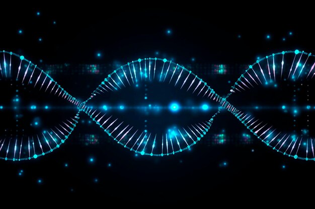 Uma cadeia de DNA com linhas azuis sobre um fundo preto