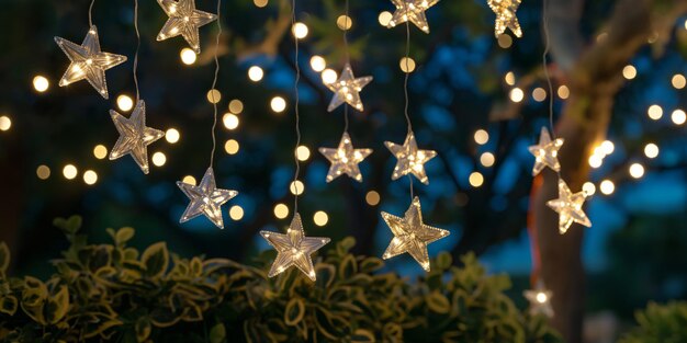 Uma cadeia de luzes em forma de estrela penduradas numa árvore de Natal