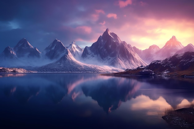 Uma cadeia de montanhas é refletida em um lago com um céu roxo e o sol brilha nas montanhas.
