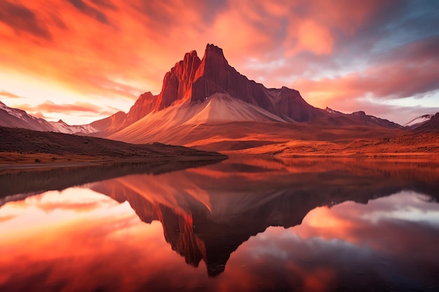 Uma cadeia de montanhas é refletida em um lago com um céu vermelho e o sol brilha sobre ele.