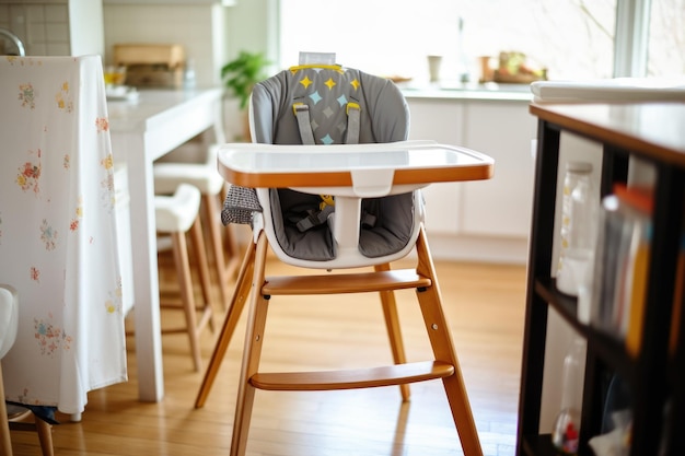 Uma cadeira alta para bebês ao lado de uma mesa de jantar