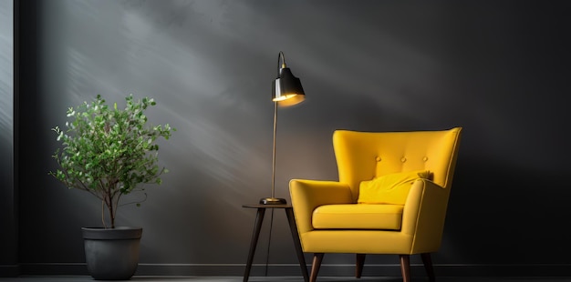 uma cadeira amarela com uma lâmpada e um fundo preto