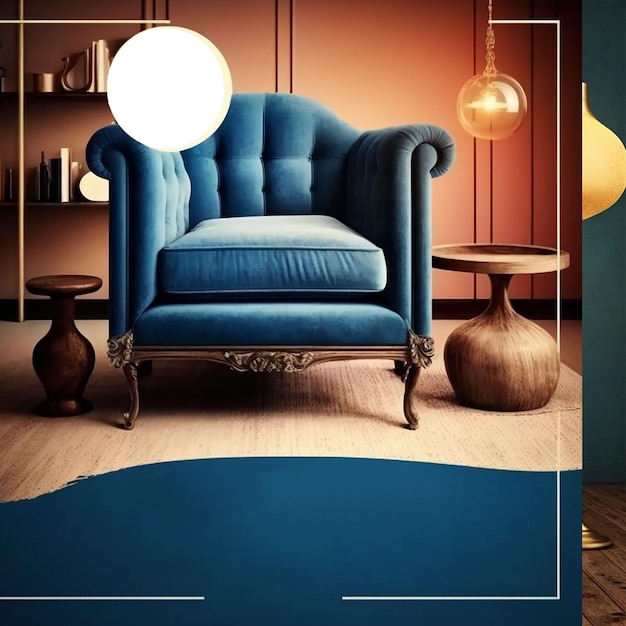 Foto uma cadeira azul com uma mesa redonda e um candeeiro na parede.