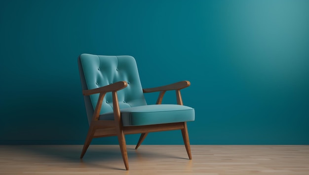 Uma cadeira azul em uma sala com uma janela que diz 'cadeira azul'