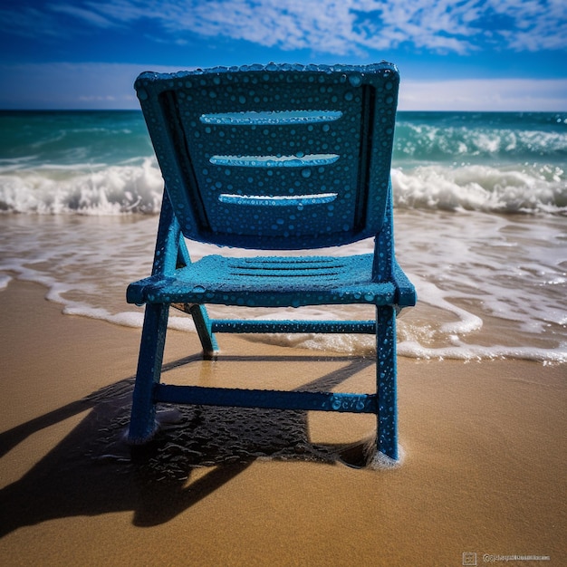 Foto uma cadeira azul na praia com a palavra 