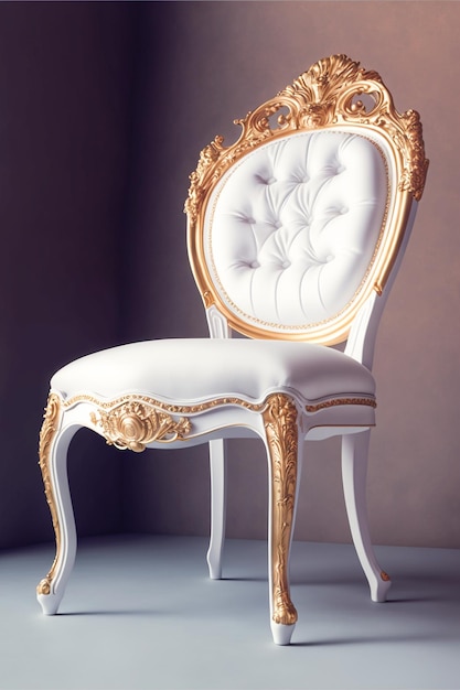Uma cadeira branca com acabamento dourado e acabamento dourado fica em um piso cinza.