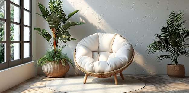 uma cadeira branca com uma planta na mesa e uma planta no canto
