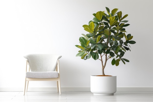 Uma cadeira branca e uma cadeira branca em frente a uma parede branca com uma planta.