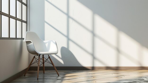 uma cadeira branca sentada em uma sala vazia ao lado de uma parede branca