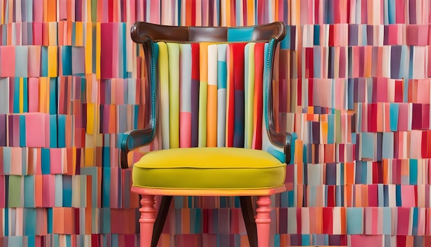 uma cadeira colorida com um assento amarelo e uma cadeira corada com um padrão colorido de cores diferentes
