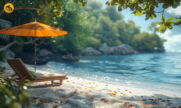 uma cadeira com um guarda-chuva amarelo na praia