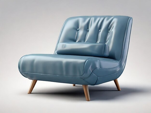 uma cadeira de couro azul com uma perna de madeira e uma perна de madeira